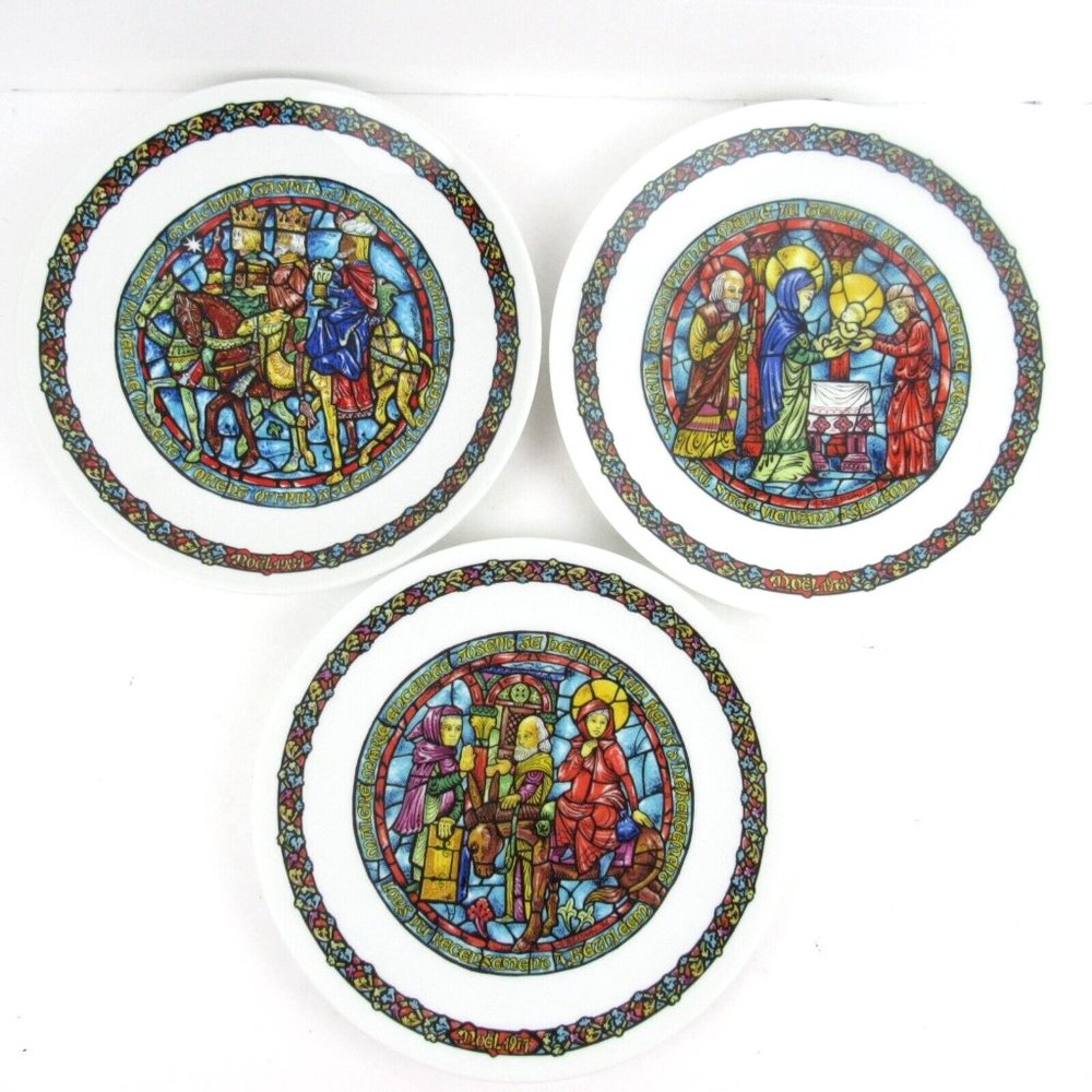 Vintage D'arceau Limoges Noel Vitrail Christmas Plates Nativity Jesus Set of 3